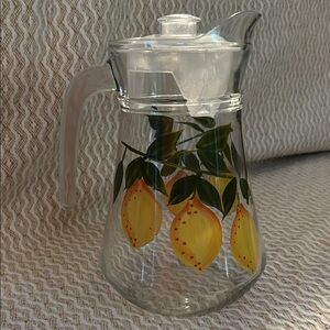 Vintage Lemon-Themed Glass Pitcher with Lid. Marked XM 23